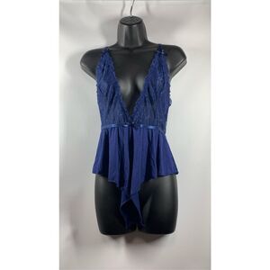Yandy Women's Lace Plunge Adjustable Strap Romper Negligee Blue Size L/XL